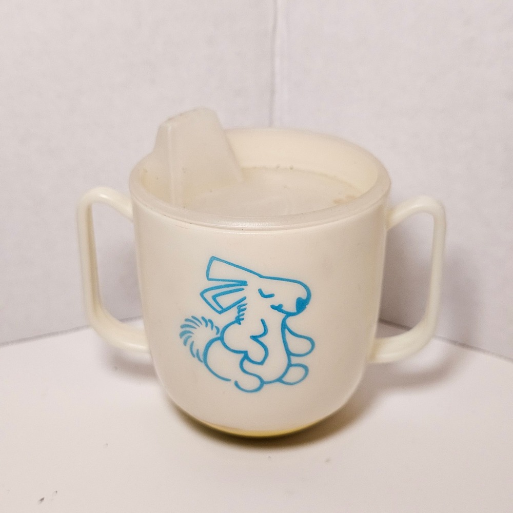 Vintage‎ Weighted Sippy Cup Bunny Rabbit Two Handle Training Mug Blue Yellow